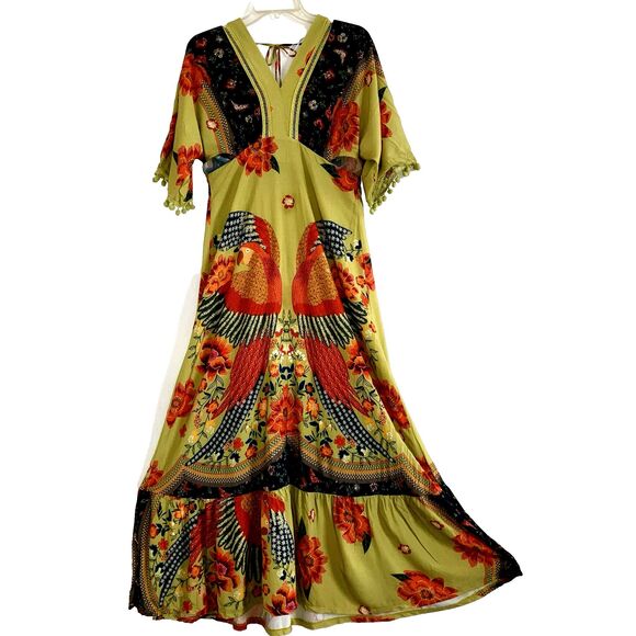 ARTECOR MODA BRAZIL M Colorful Keyhole Cut-Out Bohemian Long Dress Birds Parrots - Picture 3 of 6